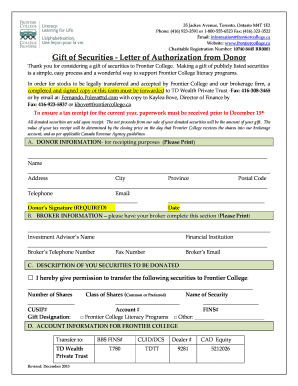 Letter of appreciation for gift received - Gift of Securities - Letter of Authorization from Donor - Frontier College