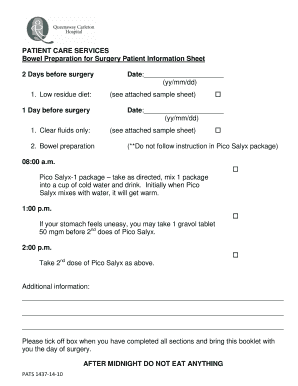 Bowel Preparation for Surgery Patient Information Sheet