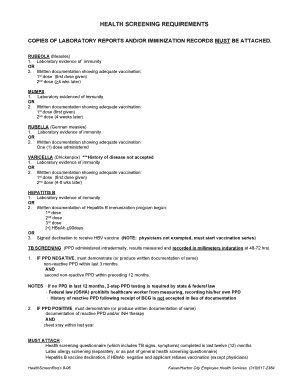 Health Screening Requirements Form