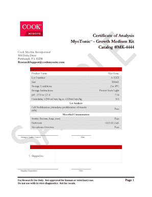 Sample Certificate of Analysis - Cook MyoSite