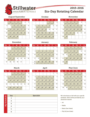 2015-2016 Elementary 6-Day Rotation Calendar - Stillwater Area - stillwater k12 mn