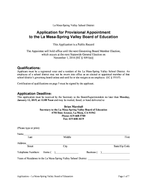 BApplicationb for Provisional Appointment to the La Mesa-Spring bb