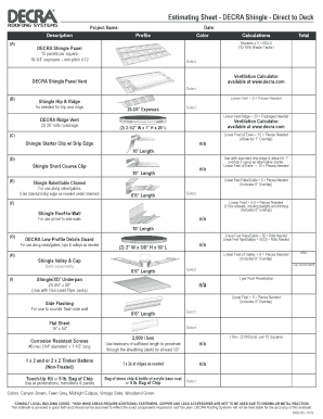 DECRA Shingle Direct to Deck Estimating Sheet