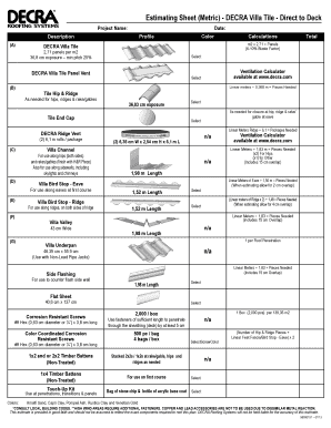 DECRA Villa Tile Installation Estimation Sheet