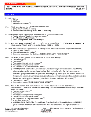 2011 National Health Insurance Plan Satisfaction Study Questionnaire