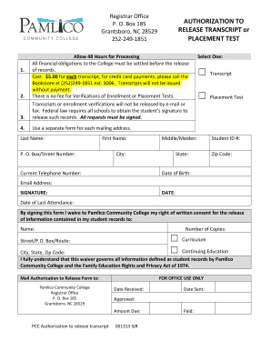 Pamlico Community College Transcript Release Form