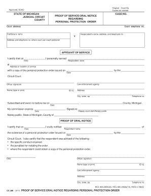 Michigan Proof of Service for Personal Protection Order