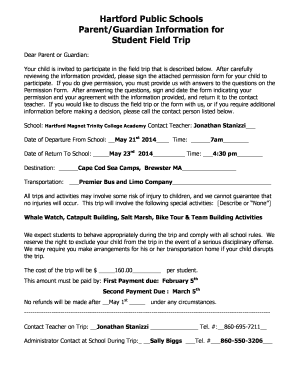 Hartford Public Schools Student Field Trip Permission Form