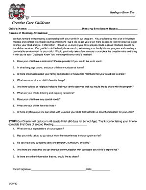 Childcare Getting to Know You Questionnaire