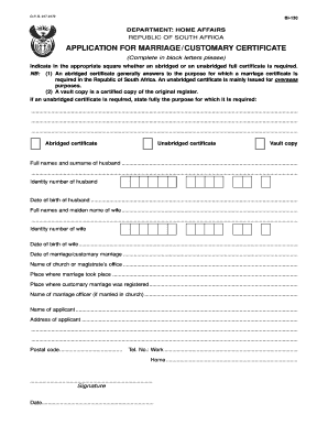 South African Marriage Certificate Application