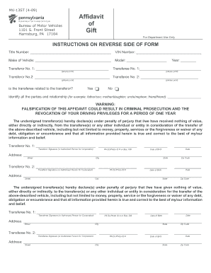 Pennsylvania Vehicle Gift Affidavit