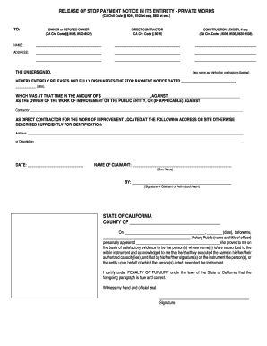 Release of Stop Payment Notice for Private Works