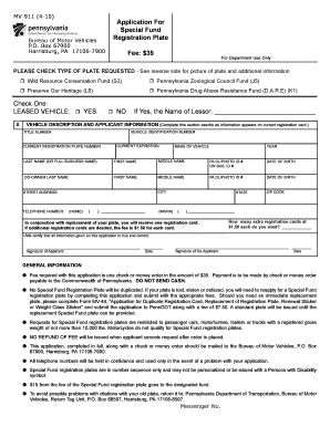 Pennsylvania Special Fund Registration Plate Application