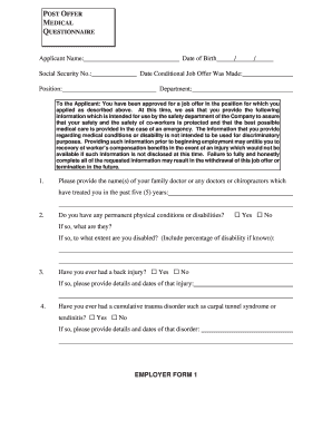 Post Offer Medical Questionnaire
