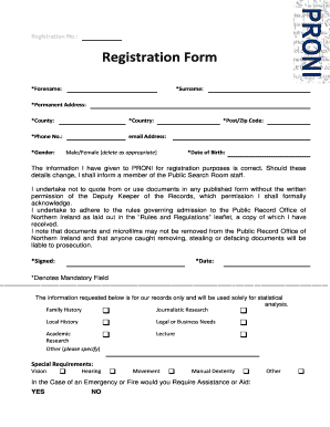 Public Record Office of Northern Ireland Registration Form