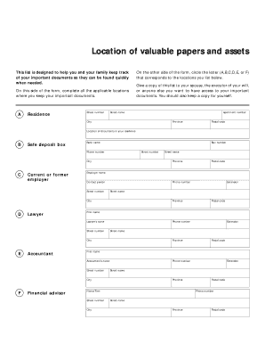 Location of Valuable Papers and Assets Form