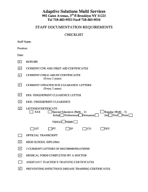 Staff Documentation Requirements Checklist
