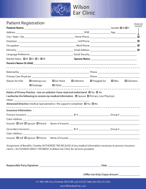 Wilson Ear Clinic Patient Registration Form