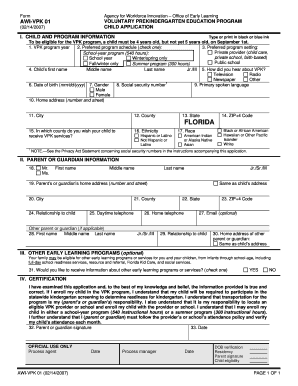 Florida VPK Child Application Form