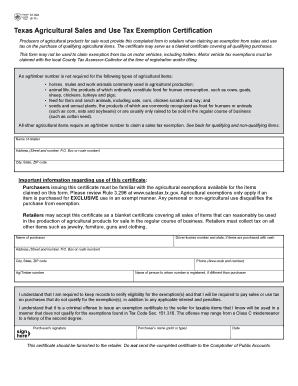 Texas Agricultural Sales and Use Tax Exemption Certification