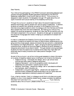 Letter to Parents PRIDE Curriculum