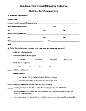 Kern County Commercial Recycling Ordinance Business Certification Form