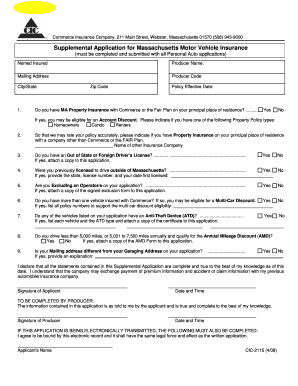 Supplemental Application for Massachusetts Motor Vehicle Insurance