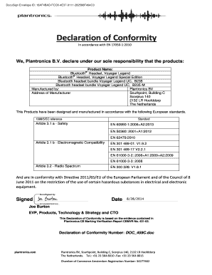 Declaration of Conformity for Plantronics Bluetooth Headsets