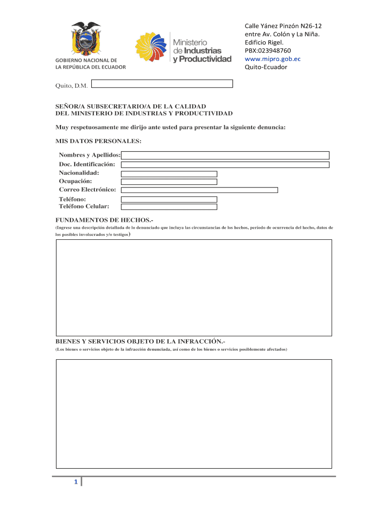 Formato de denuncia - Ministerio de Industrias y Productividad Vista previa en la página 1