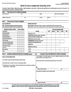 California School Entry Health Examination Report
