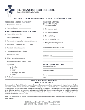 Return to School Physical Education Form