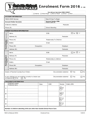YMCA Brisbane OSHC Enrolment Form