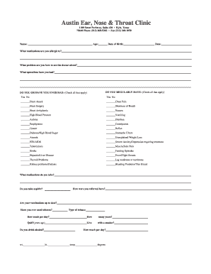 Patient Intake Form for Ear, Nose, and Throat Clinic