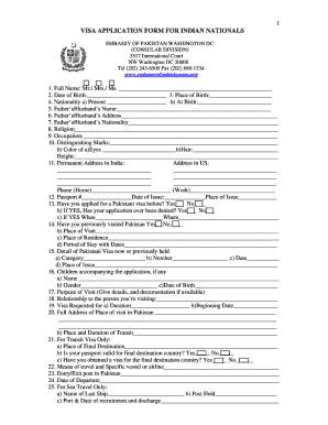 Visa Application Form for Indian Nationals