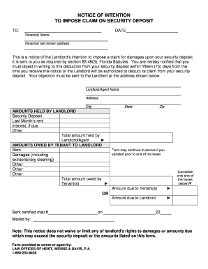 Florida Notice of Intention to Impose Claim on Security Deposit