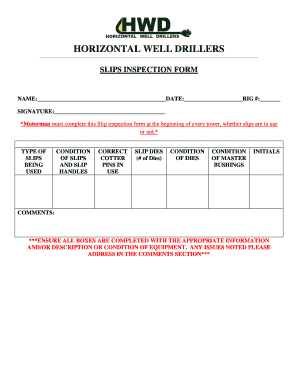 Horizontal Well Drillers Slips Inspection Form