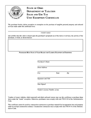 Ohio Sales and Use Tax Unit Exemption Certificate