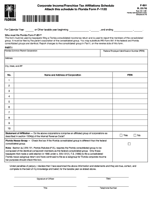 Florida Corporate Income Tax Affiliations Schedule F-851