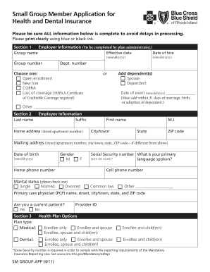 Small Group Health and Dental Insurance Application