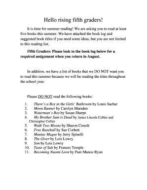 Summer Reading Log for Fifth Graders