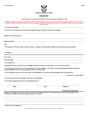 South Africa Estate Inventory Form