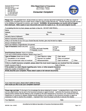 Ohio Insurance Consumer Complaint Form