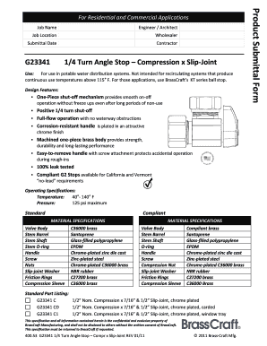 Product Submittal Form for BrassCraft Angle Stop