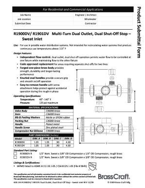 Product Submittal Form for Dual Outlet Stop Valves
