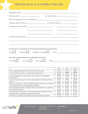 Working Alone or in Isolation Checklist