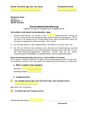 Einverständniserklärung zur Altersvorsorgezulage