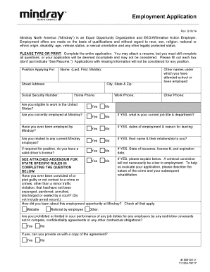 Mindray Employment Application Form