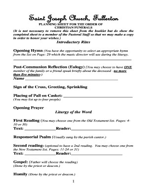 Christian Funeral Planning Sheet