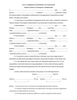 Letter of Appointment of Beneficiaries for Death Benefit