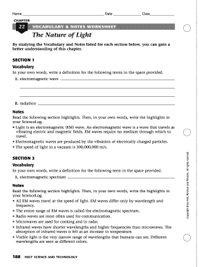 The Nature of Light Worksheet